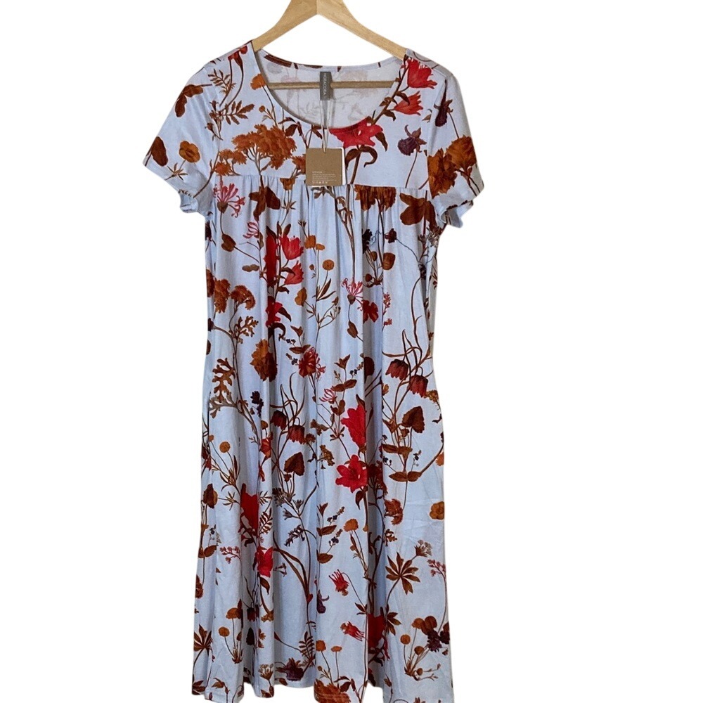 NWT Noracora Womens‎ Floral Midi Dress Short Sleeves Size Medium Blue Artsy